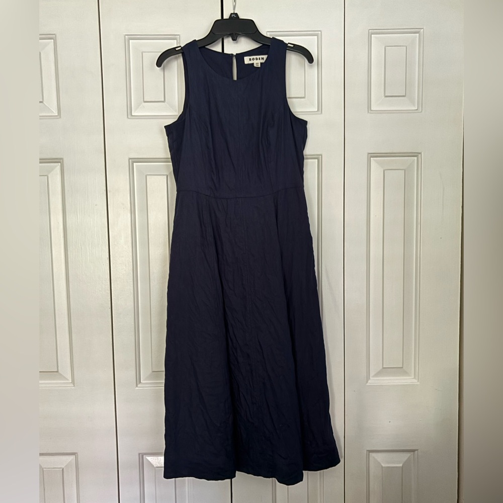 Boden Carla Linen Midi Dress Size 2 Petite Navy Sleeveless 2P